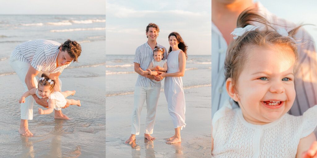 Mom and dad lovingly hold and play with their baby girl on the beach on Hilton Head Island, SC, with family photographer, Lamp and Light Photography.