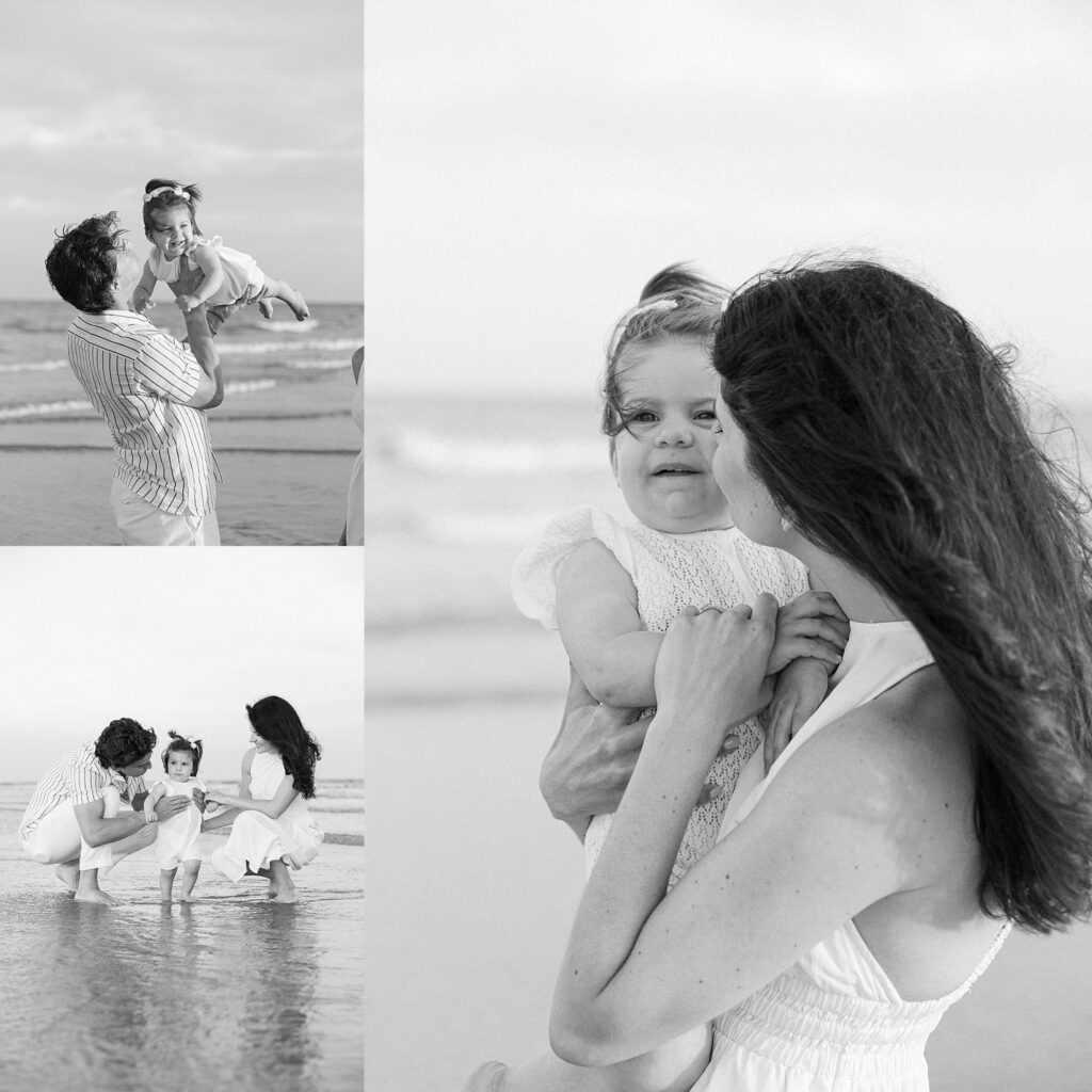 Mom kisses baby girl on her cheek while dad flies baby girl like an airplane on the beach of Hilton Head Island, SC with family photographer, Lamp and Light Photography.