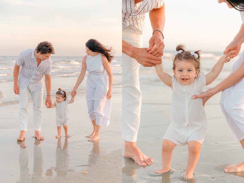 Mom and Dad hold baby girl's hands while she walks on the sandy beach of HHI, SC, with family photographer Lamp and Light Photography.