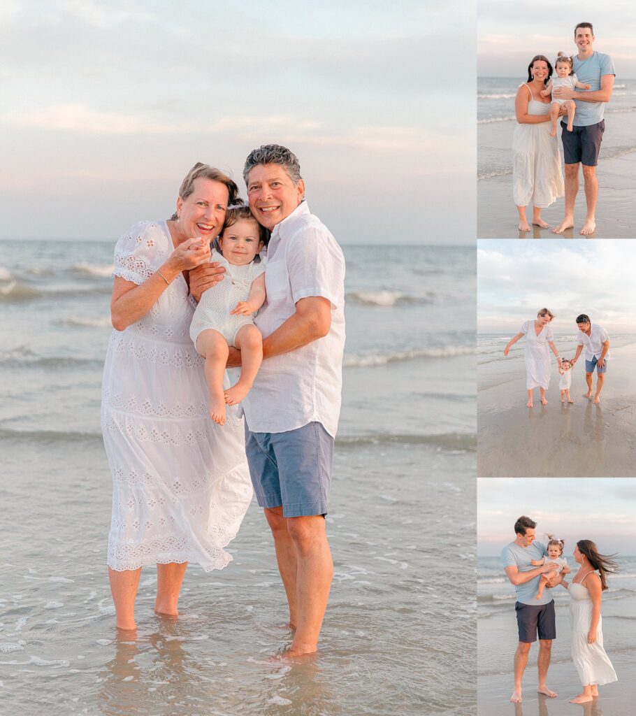 Grandma and Grandpa and Aunt and Uncle hold and play with baby girl on the sandy beach of Hilton Head Island, SC, with family photographer Lamp and Light Photography.