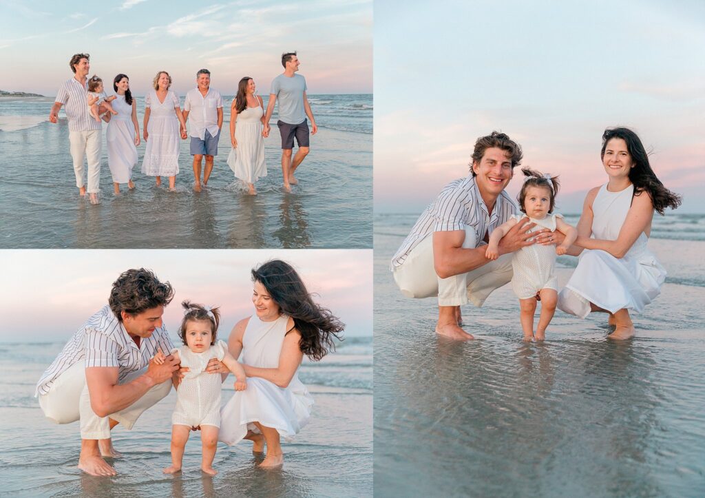 A family walks the shoreline of the Hilton Head Island Beach holding hands and smiling, with family photographer, Lamp and Light Photography.