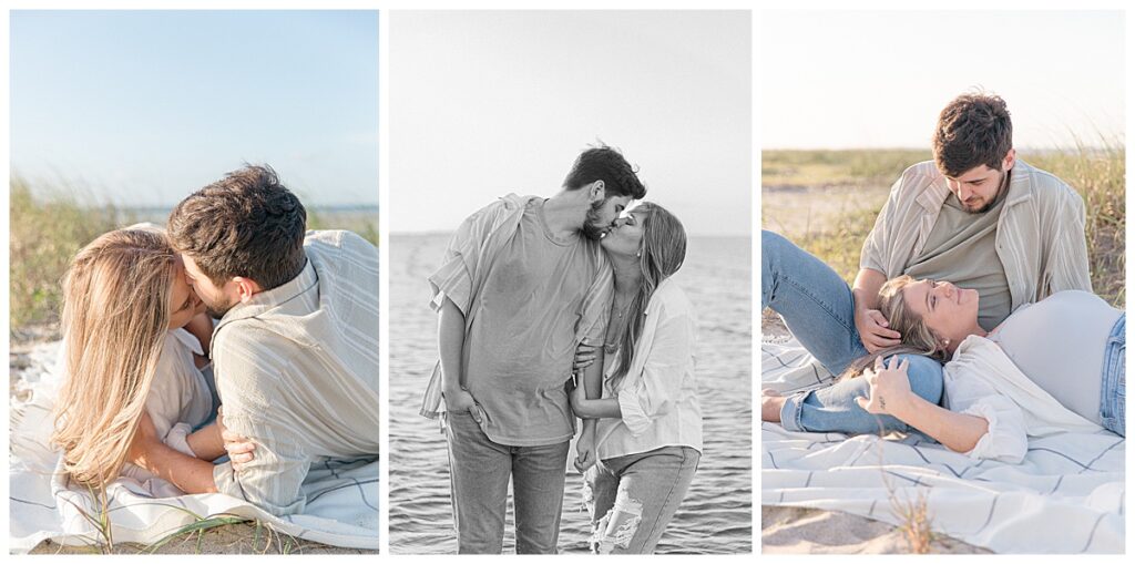 Expecting parents cuddle in the sand during their baby announcement session at Fish Haul Beach Park in Hilton Head, SC, with Hilton Head Photographer, Lamp and Light Photography. 