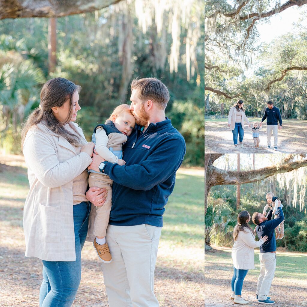 Mom, dad, and baby boy smile, playfully interact, and walk with their son under the oak trees in Sea Pines, Hilton Head Island, SC, with Lamp and Light Photography.