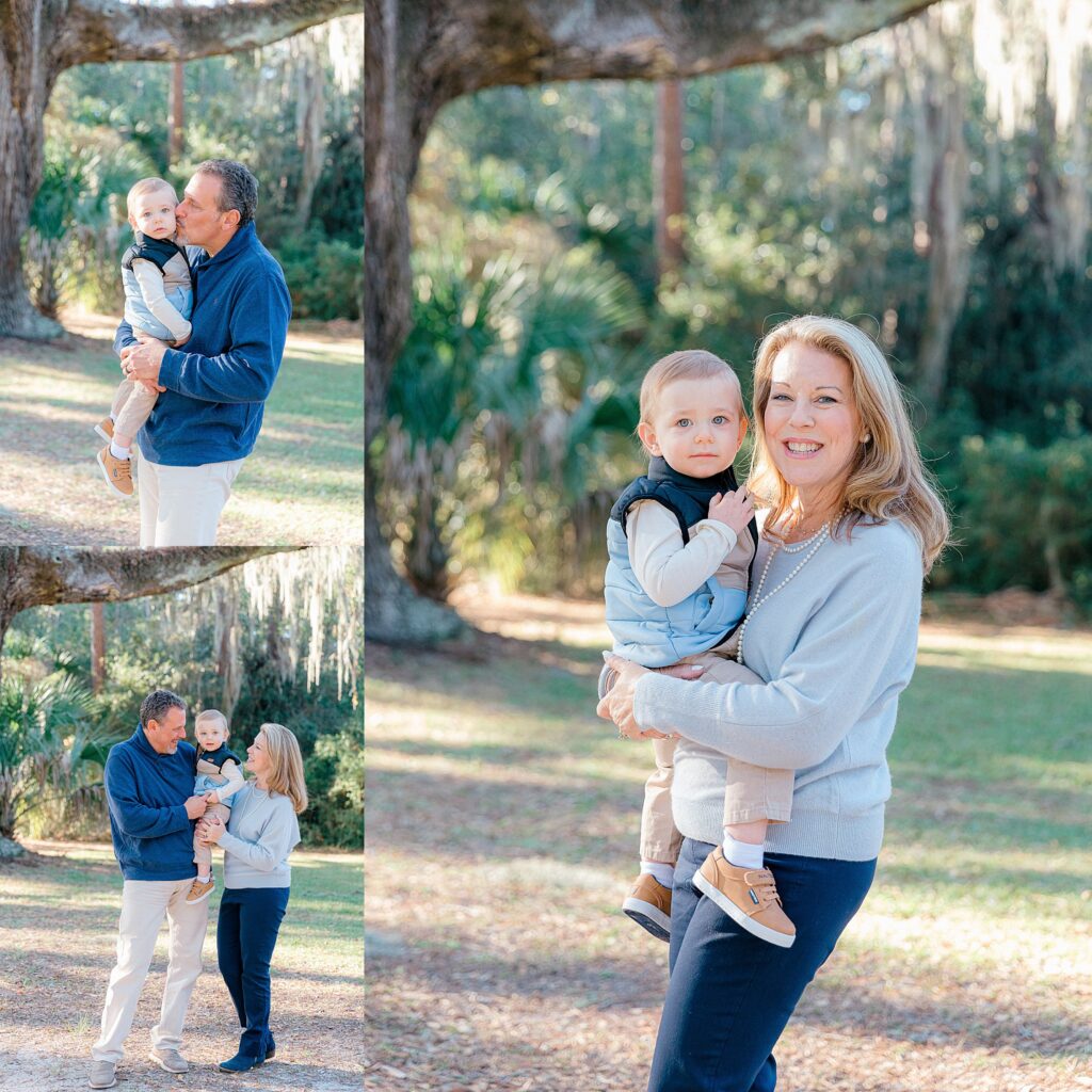 Grandparents lovingly hug and kiss their grandson under the oak trees in Sea Pines, Hilton Head Island, SC, with Lamp and Light Photography.