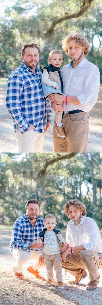 Uncles and nephew pose and smile at the camera under the oak trees in Sea Pines Park, Hilton Head Island, SC with Lamp and Light Photography