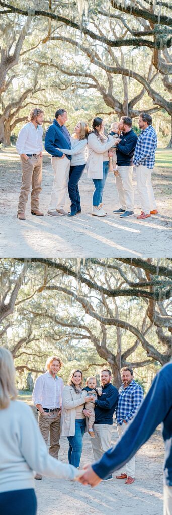 An extended family smiling at the camera and at one another under the oaks in Sea Pines, Hilton Head Island, SC, with Lamp and Light Photography