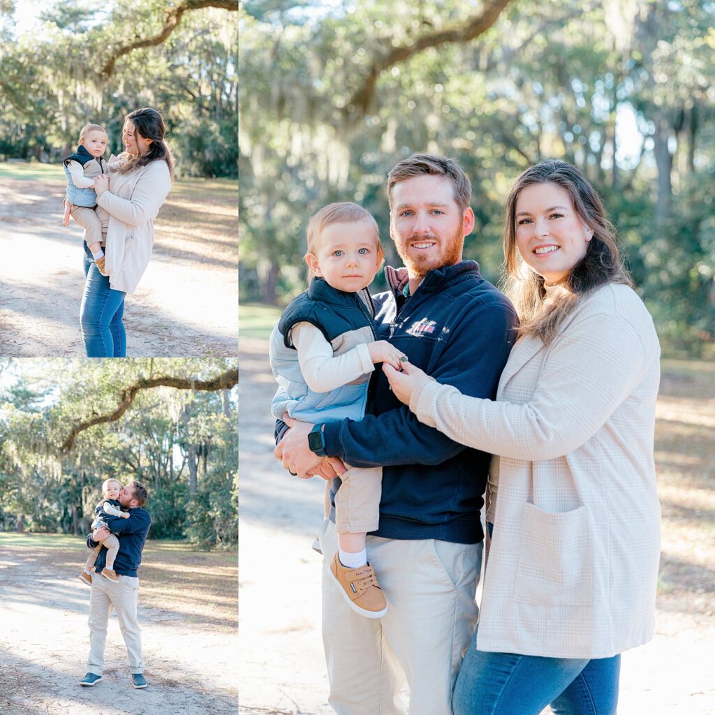 Mom, dad, and baby boy smile at the camera and playfully interact with their son under the oak trees in Sea Pines, Hilton Head Island, SC with Lamp and Light Photography