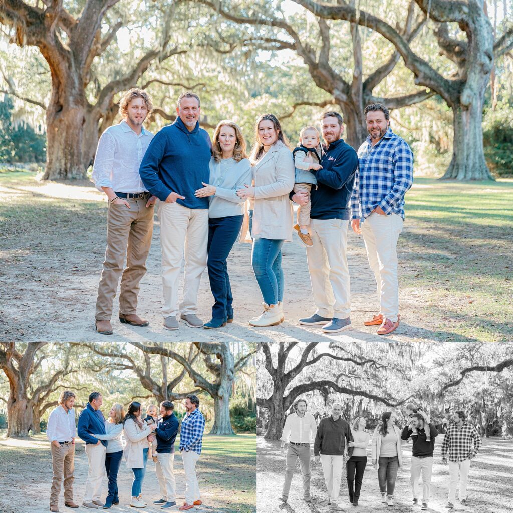 A family dressed nicely smiling together under the oak trees in Sea Pines, Hilton Head Island, SC with family photographer, Lamp and Light Photography.