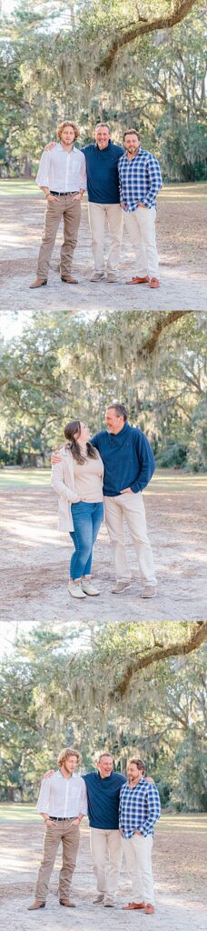 Dad smiling at his adult children under the oaks in Sea Pines, Hilton Head Island, SC, with Lamp and Light Photography.