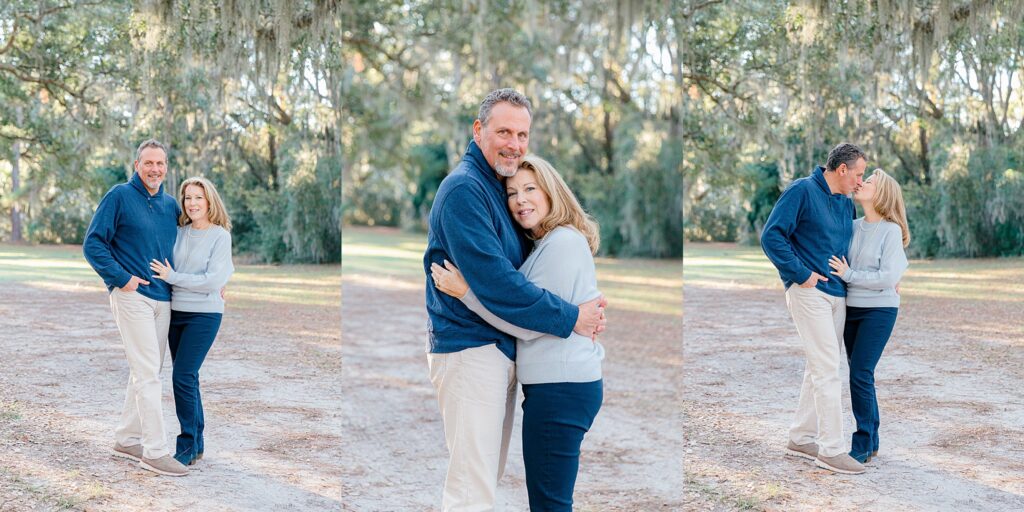 An older couple smiles and laughs with one another under the oaks in Sea Pines, Hilton Head Island, SC, with Lamp and Light Photography.