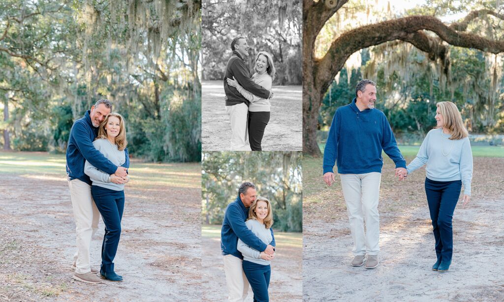 An older couple shows affection with one another and walks under the oak trees in Sea Pines, Hilton Head Island, SC, with Lamp and Light Photography.