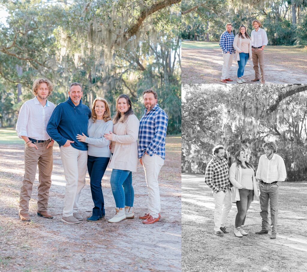 An extended family smiling at the camera and at one another under the oaks in Sea Pines, Hilton Head Island, SC, with Lamp and Light Photography