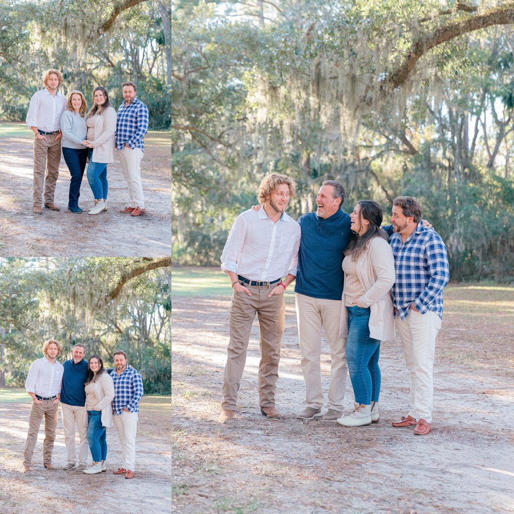 Mom and dad smiling at their adult children and one another under the oaks in Sea Pines, Hilton Head Island, SC, with Lamp and Light Photography