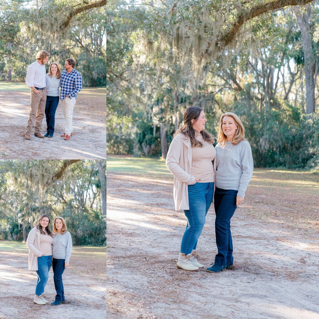 Mom smiling at the camera and her adult children under the oaks in Sea Pines, Hilton Head Island, SC, with Lamp and Light Photography